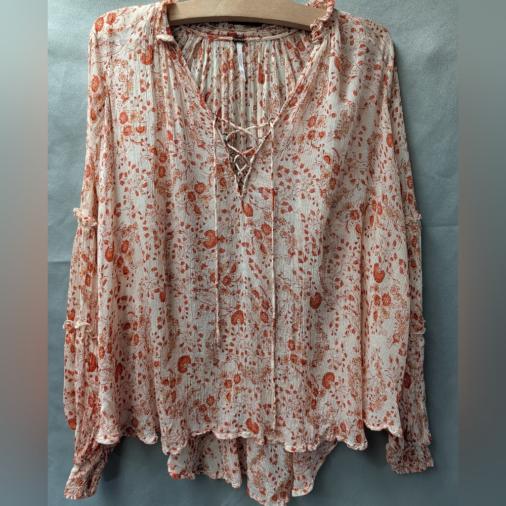 Free People Rust Floral Lace-Up Blouse Size Small